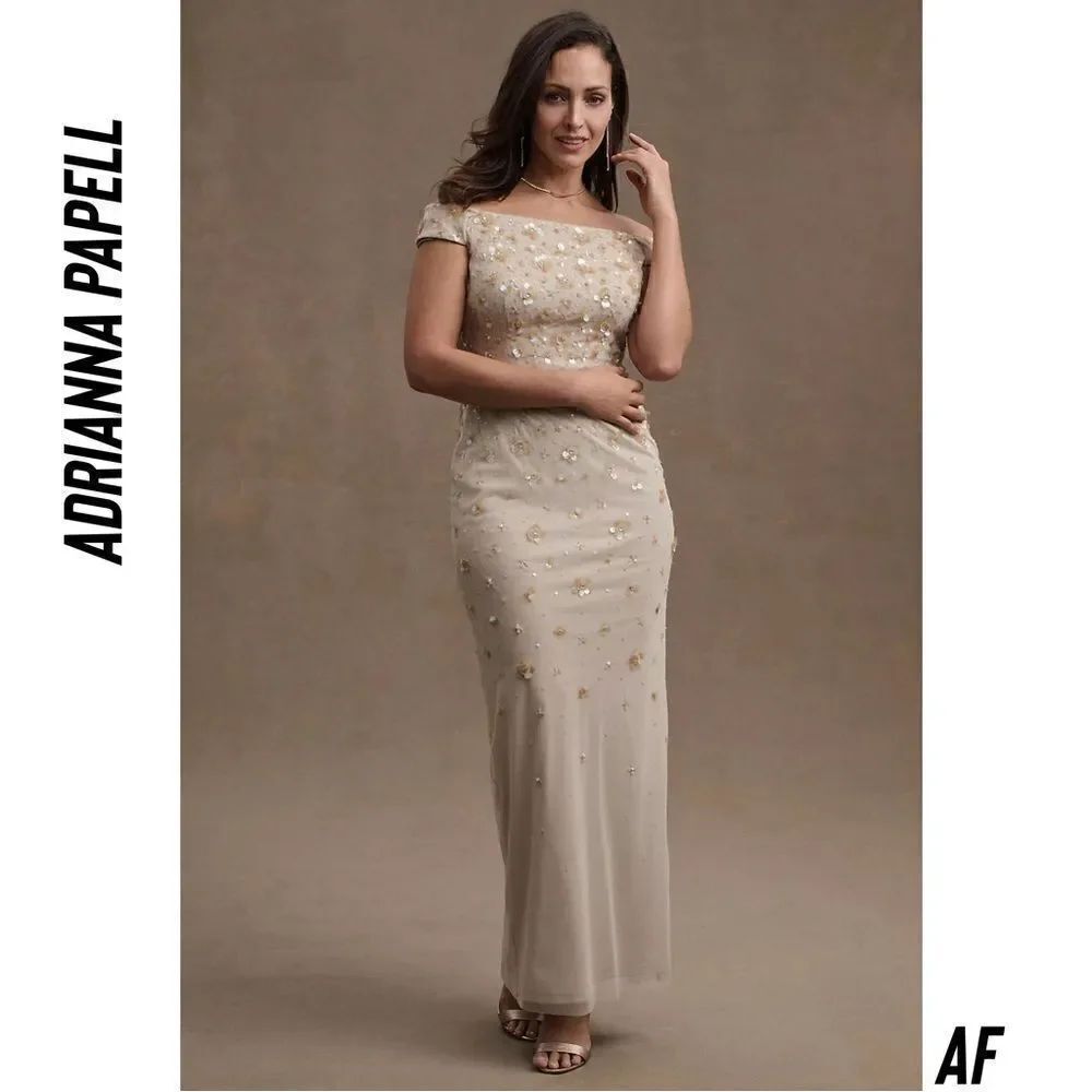 Adrianna Papell for Anthropologie Rosie off shoulder back slit sequined gown New